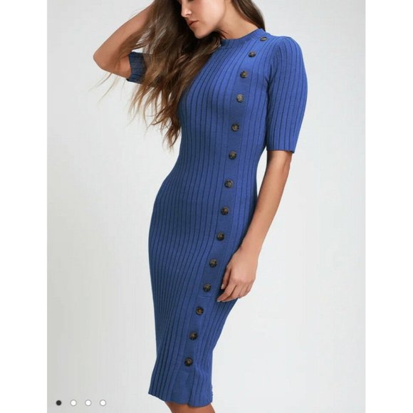 Lulus Dresses & Skirts - Lulus Dolan Blue Ribbed Button Front Bodycon Midi Dress Size XS